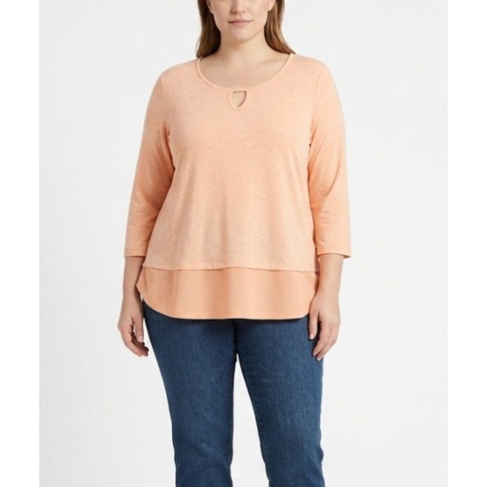 Soft Surroundings Orange Key Hole Stretch Knit 3/4 Sleeve Comfy Top Large